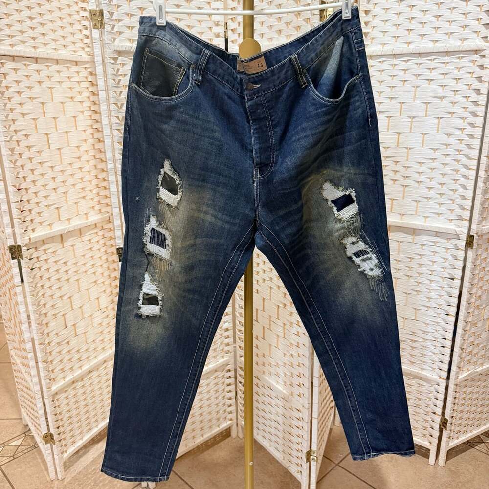 NWOT Parish Nation Distressed Patchwork Blue Denim Jeans Size 44